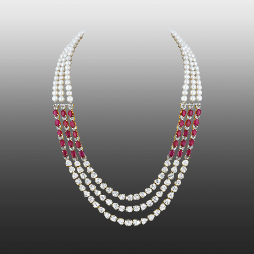 Three-Layer Polki Necklace with Rubies and Pearl Strings